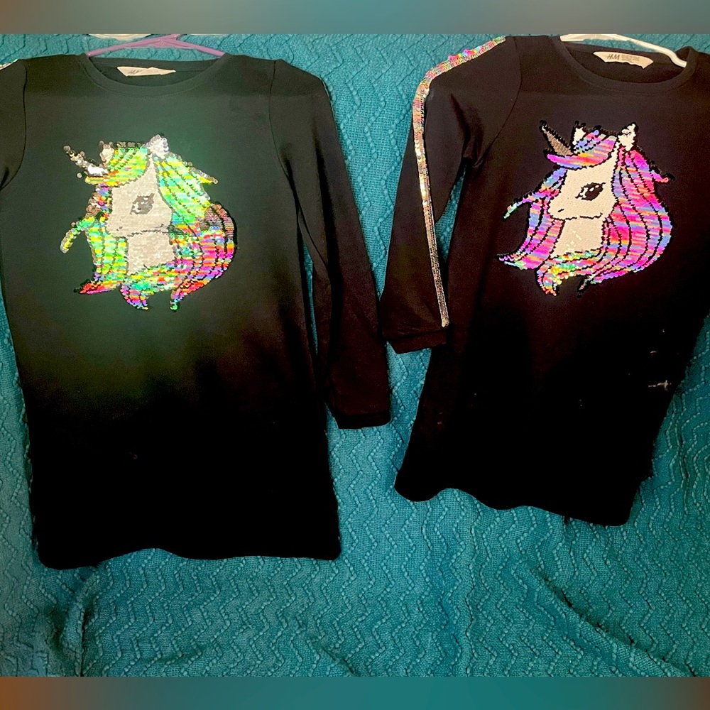 Matching H&M girl’s unicorn dresses